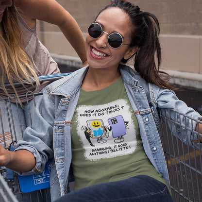 Woman wearing a khaki t-shirt with a graphic design, sitting in a shopping cart. An satirical cartoon t-shirt depicting a twisted view of what's really going on in some peoples relationship with their mobile phone. Sometimes you have to wonder who owns who. An original design to promote social awareness. Made from 100% organic ring-spun cotton, this satirical cartoon t-shirt is unisex, high-quality, super comfy, and best of all, eco-friendly.