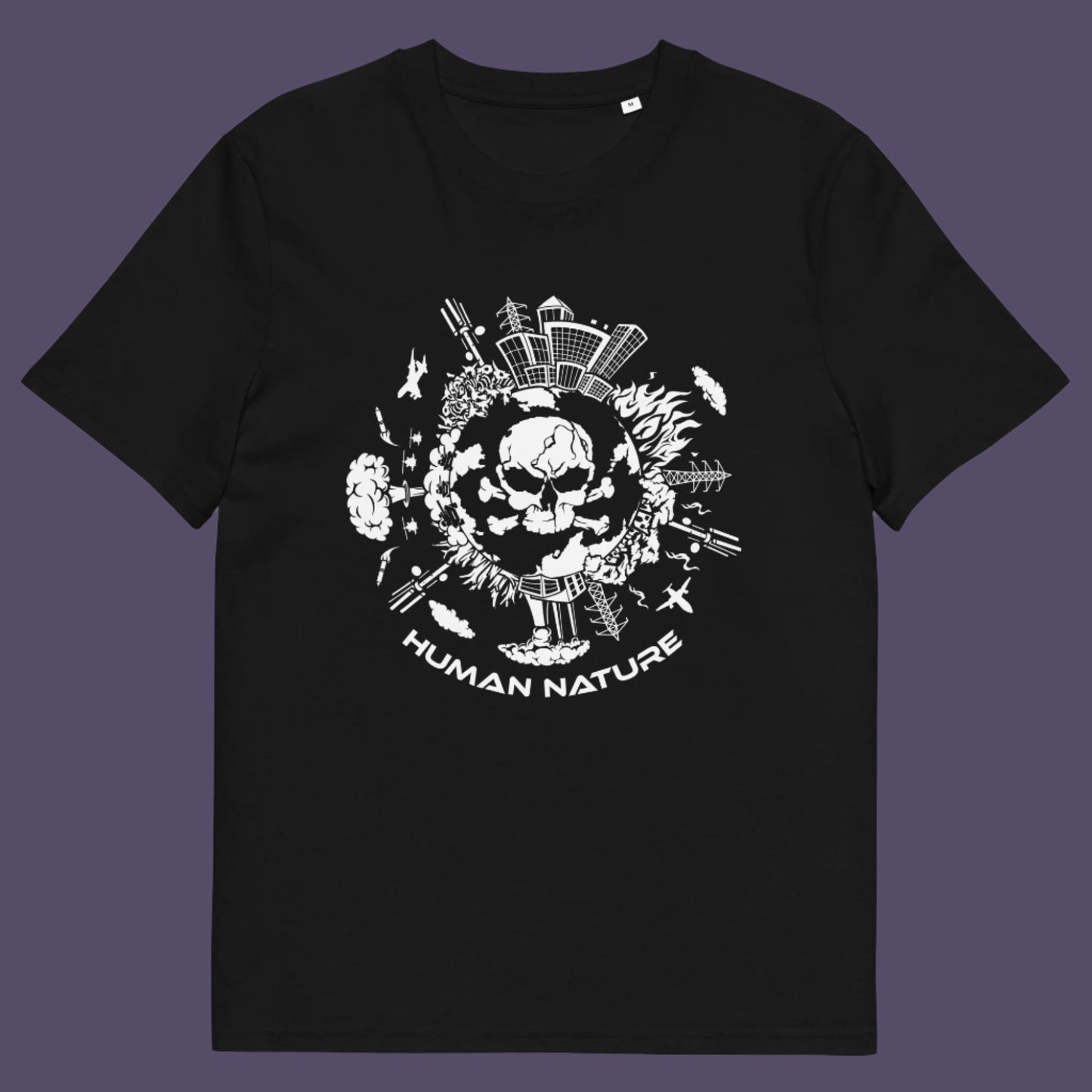 Black t shirt. This save the world t shirt claims human nature is nowhere near as good as mother nature. It's not only about environmental issues. How do we save the planet from human nature. Made from 100% organic ring-spun cotton, this save the earth t shirt is unisex, high-quality, super comfy, and best of all, eco-friendly.