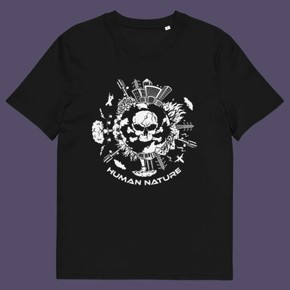 Black t shirt. This save the world t shirt claims human nature is nowhere near as good as mother nature. It's not only about environmental issues. How do we save the planet from human nature. Made from 100% organic ring-spun cotton, this save the earth t shirt is unisex, high-quality, super comfy, and best of all, eco-friendly.