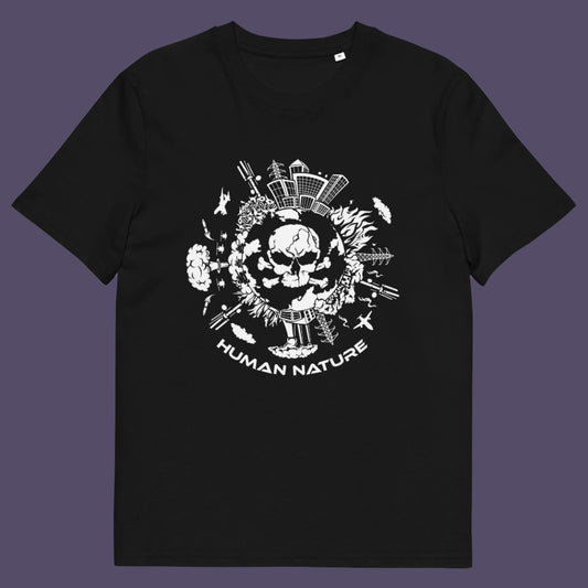 Black t shirt. This save the world t shirt claims human nature is nowhere near as good as mother nature. It's not only about environmental issues. How do we save the planet from human nature. Made from 100% organic ring-spun cotton, this save the earth t shirt is unisex, high-quality, super comfy, and best of all, eco-friendly.