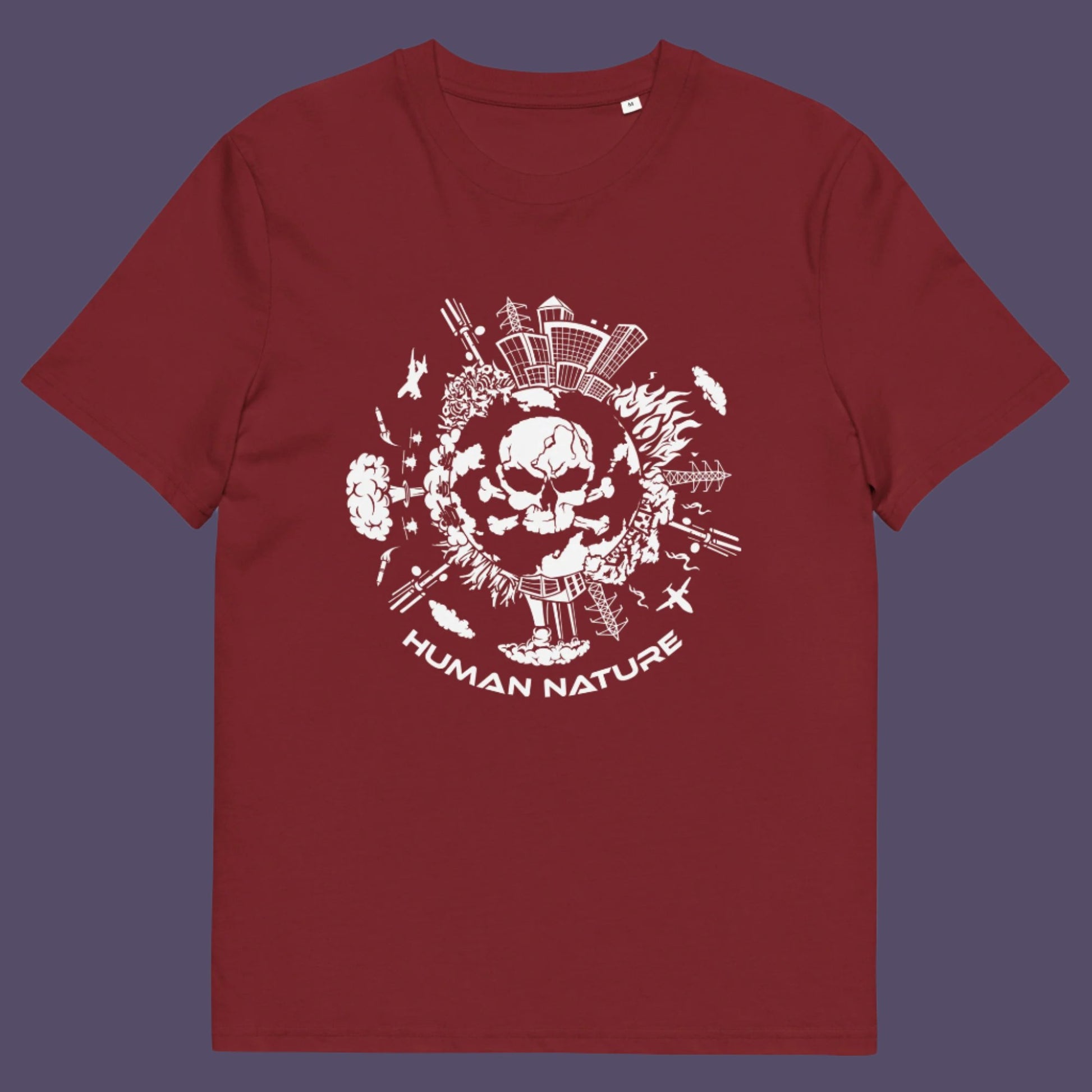 Burgundy t shirt. This save the world t shirt claims human nature is nowhere near as good as mother nature. It's not only about environmental issues. How do we save the planet from human nature. Made from 100% organic ring-spun cotton, this save the earth t shirt is unisex, high-quality, super comfy, and best of all, eco-friendly.