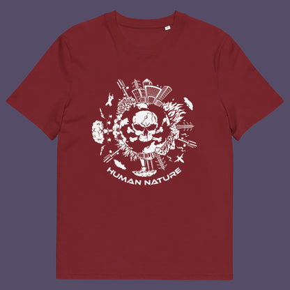 Burgundy t shirt. This save the world t shirt claims human nature is nowhere near as good as mother nature. It's not only about environmental issues. How do we save the planet from human nature. Made from 100% organic ring-spun cotton, this save the earth t shirt is unisex, high-quality, super comfy, and best of all, eco-friendly.