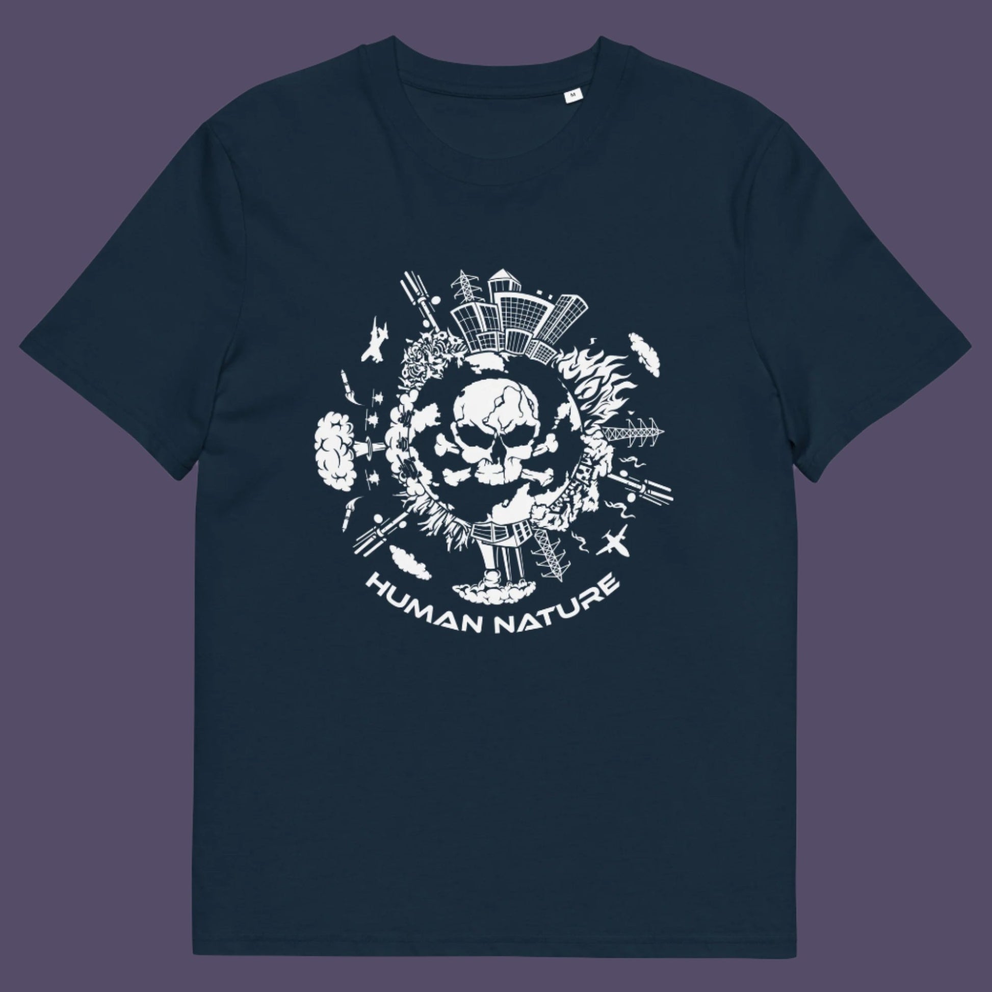 French navy t shirt. This save the world t shirt claims human nature is nowhere near as good as mother nature. It's not only about environmental issues. How do we save the planet from human nature. Made from 100% organic ring-spun cotton, this save the earth t shirt is unisex, high-quality, super comfy, and best of all, eco-friendly.