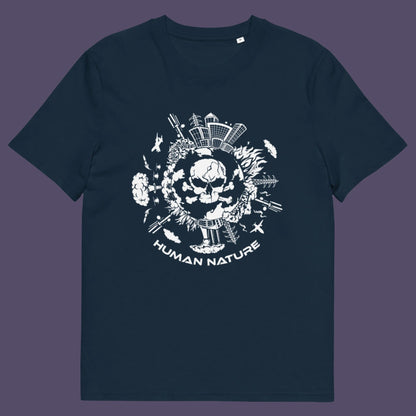 French navy t shirt. This save the world t shirt claims human nature is nowhere near as good as mother nature. It's not only about environmental issues. How do we save the planet from human nature. Made from 100% organic ring-spun cotton, this save the earth t shirt is unisex, high-quality, super comfy, and best of all, eco-friendly.