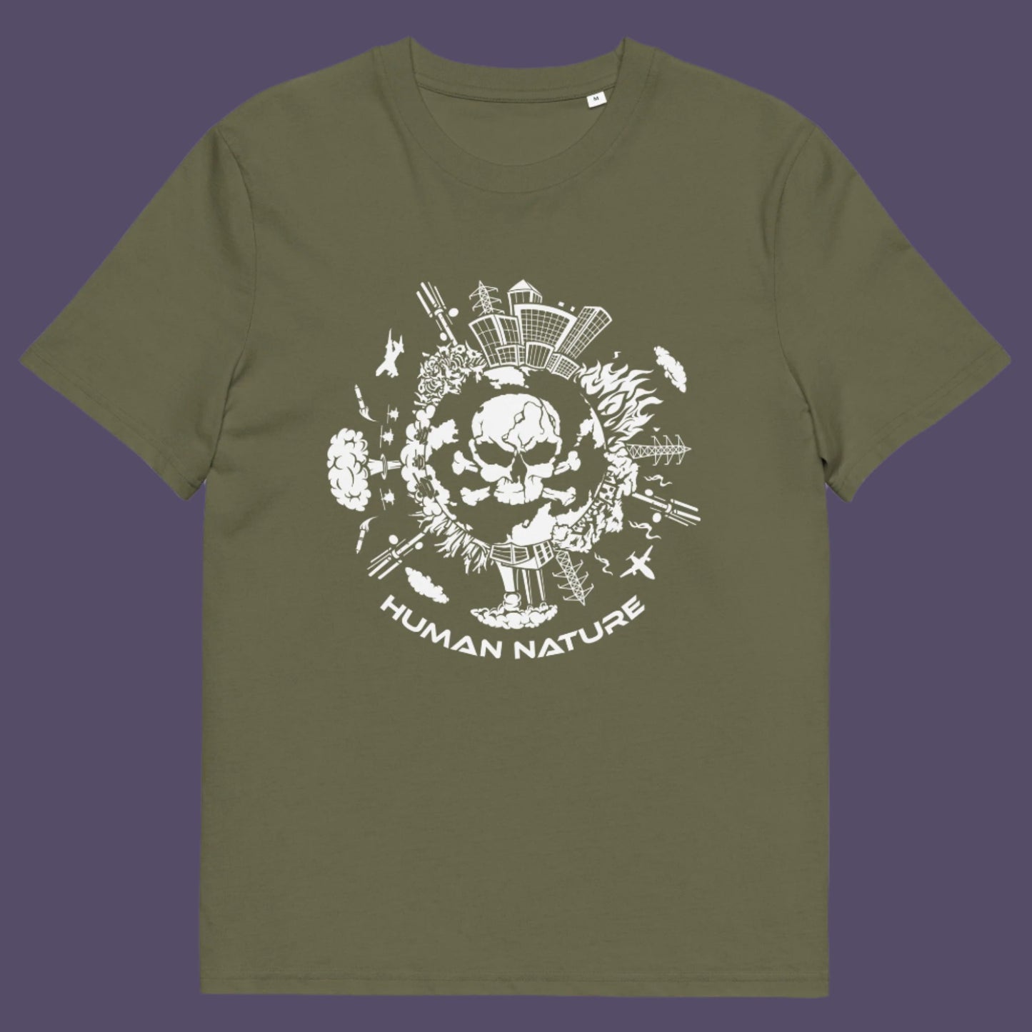 Khaki t shirt. This save the world t shirt claims human nature is nowhere near as good as mother nature. It's not only about environmental issues. How do we save the planet from human nature. Made from 100% organic ring-spun cotton, this save the earth t shirt is unisex, high-quality, super comfy, and best of all, eco-friendly.