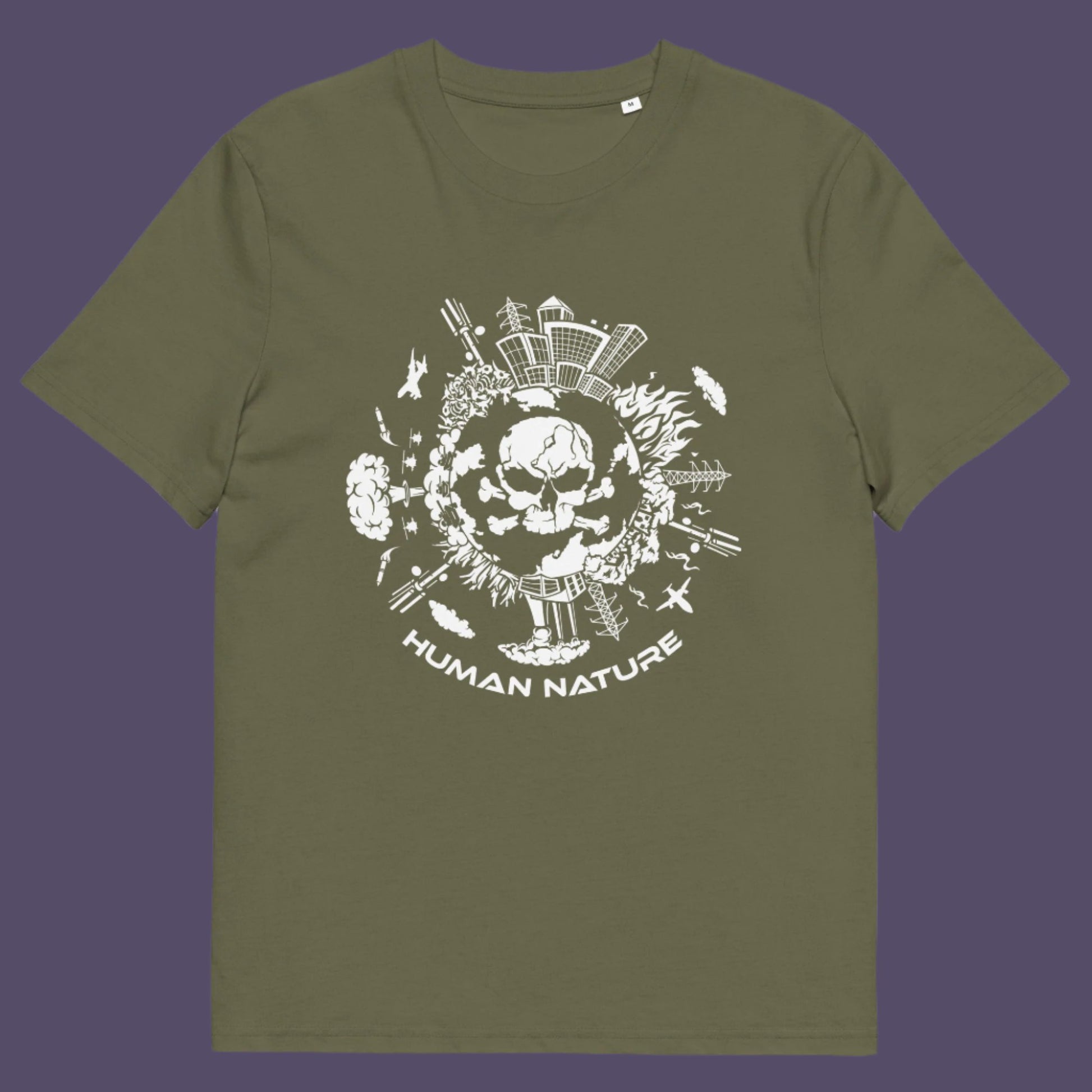 Khaki t shirt. This save the world t shirt claims human nature is nowhere near as good as mother nature. It's not only about environmental issues. How do we save the planet from human nature. Made from 100% organic ring-spun cotton, this save the earth t shirt is unisex, high-quality, super comfy, and best of all, eco-friendly.