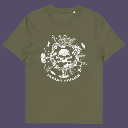 Khaki t shirt. This save the world t shirt claims human nature is nowhere near as good as mother nature. It's not only about environmental issues. How do we save the planet from human nature. Made from 100% organic ring-spun cotton, this save the earth t shirt is unisex, high-quality, super comfy, and best of all, eco-friendly.