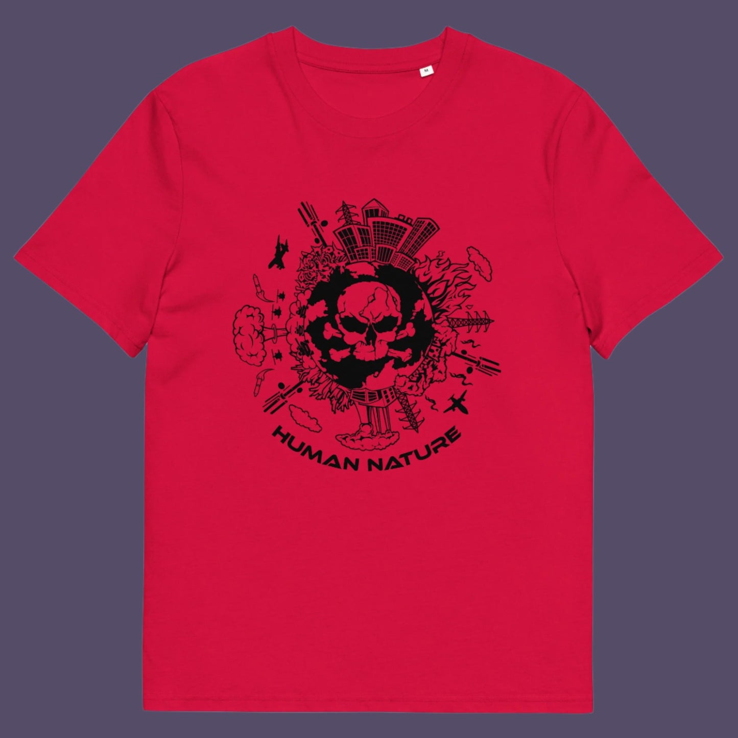 Red t shirt. This save the world t shirt claims human nature is nowhere near as good as mother nature. It's not only about environmental issues. How do we save the planet from human nature. Made from 100% organic ring-spun cotton, this save the earth t shirt is unisex, high-quality, super comfy, and best of all, eco-friendly.