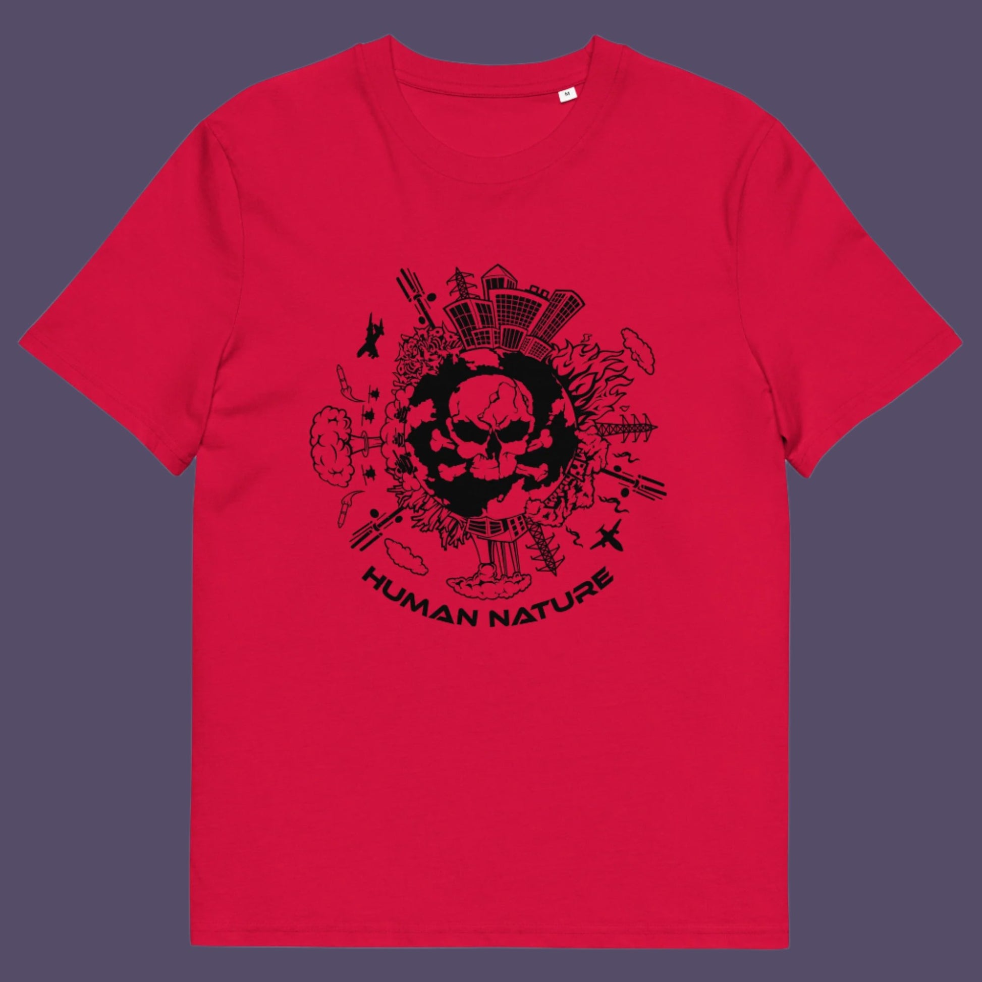 Red t shirt. This save the world t shirt claims human nature is nowhere near as good as mother nature. It's not only about environmental issues. How do we save the planet from human nature. Made from 100% organic ring-spun cotton, this save the earth t shirt is unisex, high-quality, super comfy, and best of all, eco-friendly.