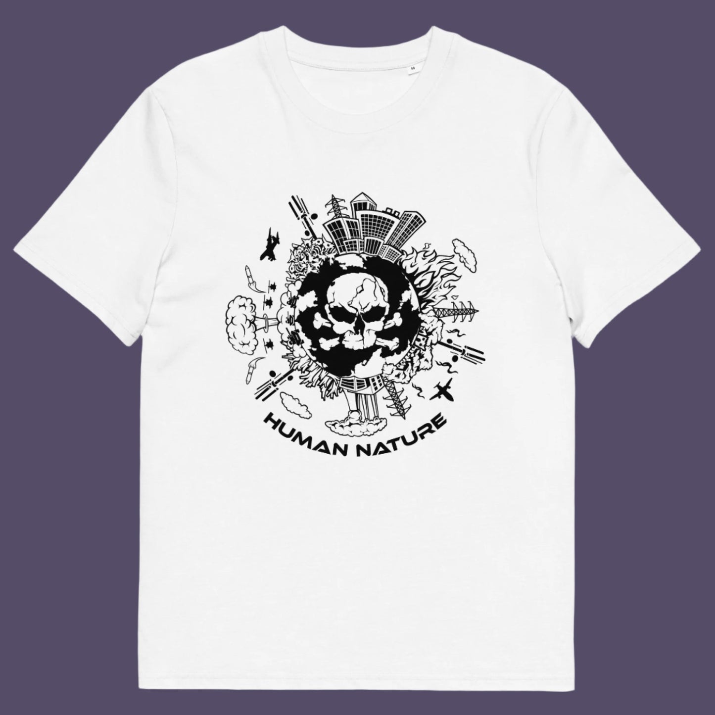 White t shirt. This save the world t shirt claims human nature is nowhere near as good as mother nature. It's not only about environmental issues. How do we save the planet from human nature. Made from 100% organic ring-spun cotton, this save the earth t shirt is unisex, high-quality, super comfy, and best of all, eco-friendly.