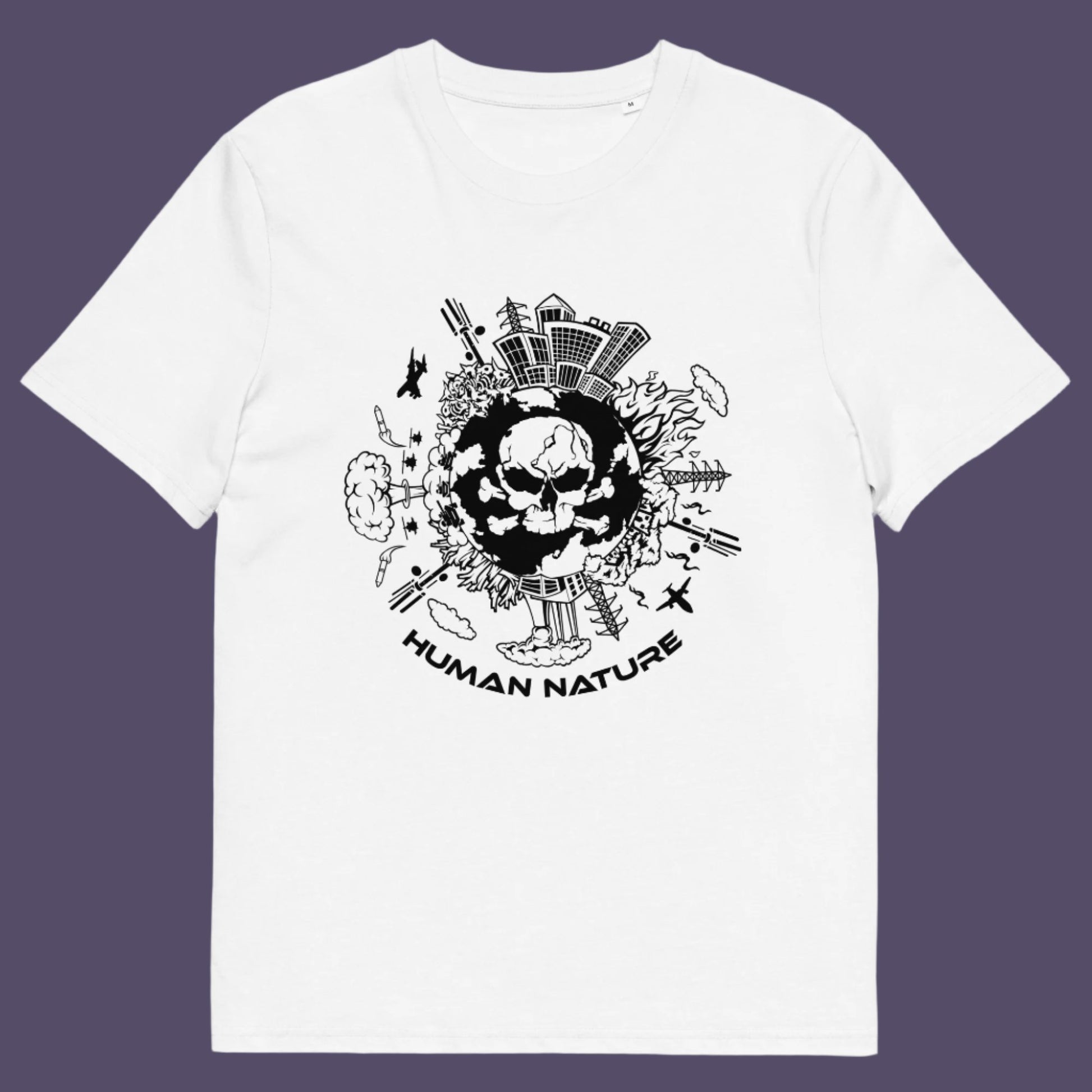 White t shirt. This save the world t shirt claims human nature is nowhere near as good as mother nature. It's not only about environmental issues. How do we save the planet from human nature. Made from 100% organic ring-spun cotton, this save the earth t shirt is unisex, high-quality, super comfy, and best of all, eco-friendly.