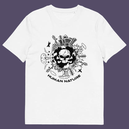 White t shirt. This save the world t shirt claims human nature is nowhere near as good as mother nature. It's not only about environmental issues. How do we save the planet from human nature. Made from 100% organic ring-spun cotton, this save the earth t shirt is unisex, high-quality, super comfy, and best of all, eco-friendly.