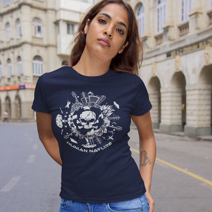Woman wearing a French navy blue t-shirt with a graphic design in an urban setting. This save the world t shirt claims human nature is nowhere near as good as mother nature. It's not only about environmental issues. How do we save the planet from human nature. Made from 100% organic ring-spun cotton, this save the earth t shirt is unisex, high-quality, super comfy, and best of all, eco-friendly.