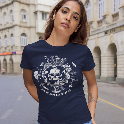 Woman wearing a navy blue t-shirt with a white graphic design and text, standing on a street. This save the world t shirt claims human nature is nowhere near as good as mother nature. It's not only about environmental issues. How do we save the planet from human nature. Made from 100% organic ring-spun cotton, this save the earth t shirt is unisex, high-quality, super comfy, and best of all, eco-friendly.