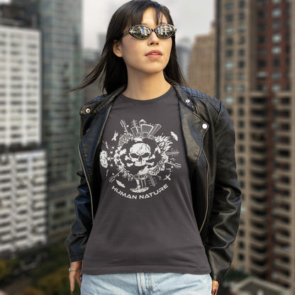Person wearing an anthracite t-shirt with 'Human Nature' design in an urban setting. This save the world t shirt claims human nature is nowhere near as good as mother nature. It's not only about environmental issues. How do we save the planet from human nature. Made from 100% organic ring-spun cotton, this save the earth t shirt is unisex, high-quality, super comfy, and best of all, eco-friendly.