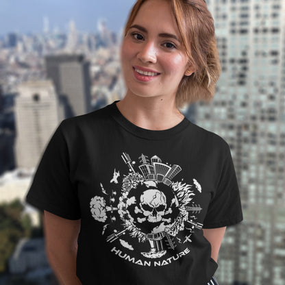 Person wearing a black t-shirt with a graphic design in an urban setting. This save the world t shirt claims human nature is nowhere near as good as mother nature. It's not only about environmental issues. How do we save the planet from human nature. Made from 100% organic ring-spun cotton, this save the earth t shirt is unisex, high-quality, super comfy, and best of all, eco-friendly.