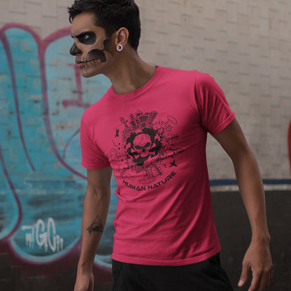 Person wearing a red t-shirt with a skull design in front of a graffiti-covered wall. This save the world t shirt claims human nature is nowhere near as good as mother nature. It's not only about environmental issues. How do we save the planet from human nature. Made from 100% organic ring-spun cotton, this save the earth t shirt is unisex, high-quality, super comfy, and best of all, eco-friendly.