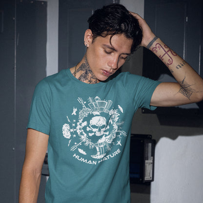 Person wearing a stargazer t-shirt with a graphic design and text, standing indoors. This save the world t shirt claims human nature is nowhere near as good as mother nature. It's not only about environmental issues. How do we save the planet from human nature. Made from 100% organic ring-spun cotton, this save the earth t shirt is unisex, high-quality, super comfy, and best of all, eco-friendly.