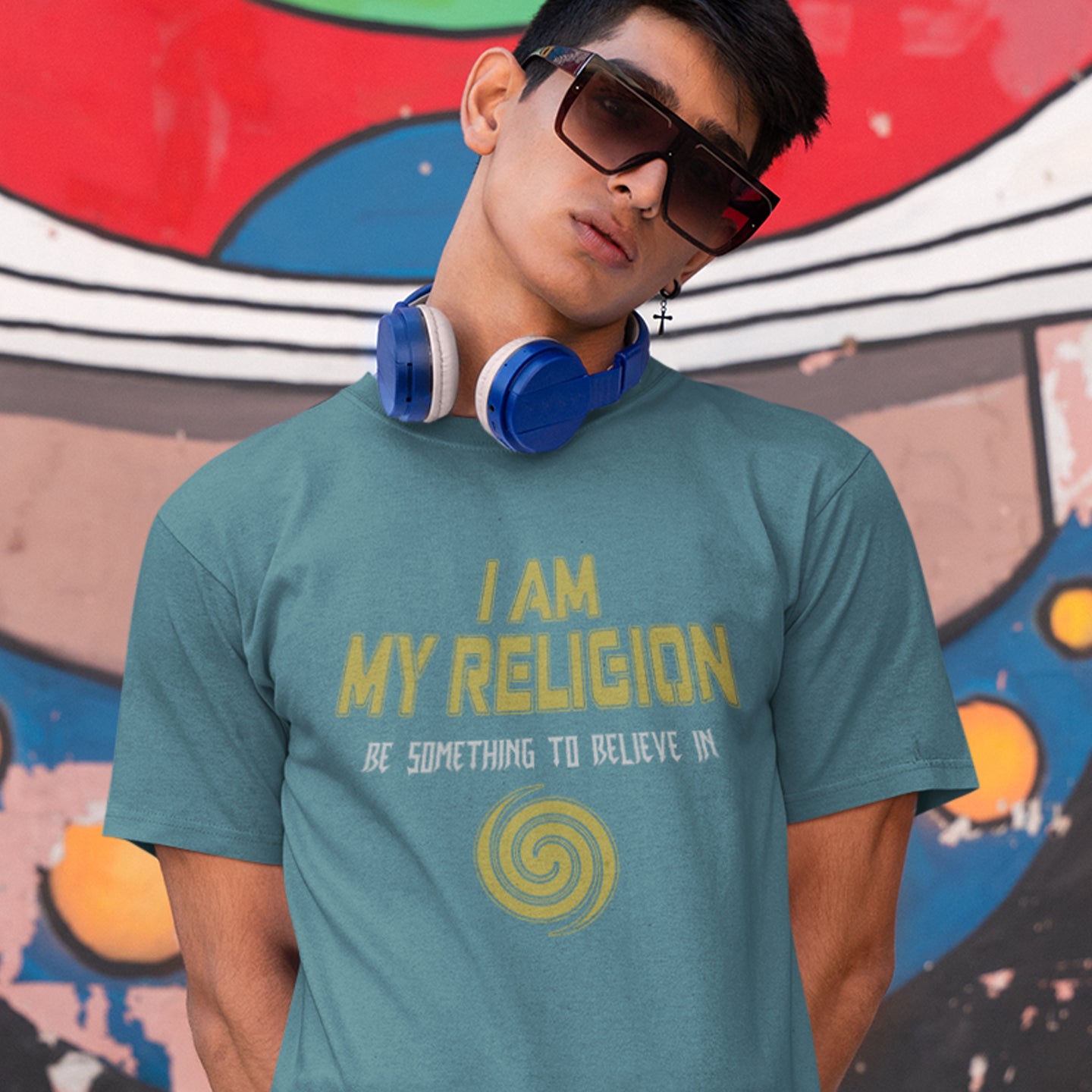 Person wearing a stargazer t-shirt with a motivational quote, sunglasses, and blue headphones against a colourful mural background. A self worth t shirt design for the self assured. If you think it's best to believe in something workable then be something you can believe in. Help create social awareness of self respect. Made from 100% organic ring-spun cotton, this self worth t shirt is unisex, high-quality, super comfy, and best of all, eco-friendly.