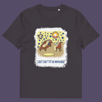 Anthracite t-shirt. A funny cartoon t-shirt for all you 'square pegs in round holes' out there. You are not alone. This unique design is ideal for anyone who thinks outside the box. Made from 100% organic ring-spun cotton, this witty cartoon t-shirt is unisex, high-quality, super comfy, and best of all, eco-friendly.