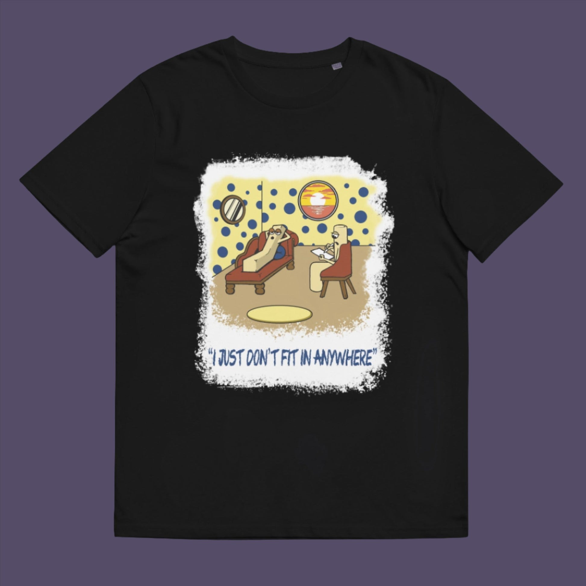 Black t-shirt. A funny cartoon t-shirt for all you 'square pegs in round holes' out there. You are not alone. This unique design is ideal for anyone who thinks outside the box. Made from 100% organic ring-spun cotton, this witty cartoon t-shirt is unisex, high-quality, super comfy, and best of all, eco-friendly.