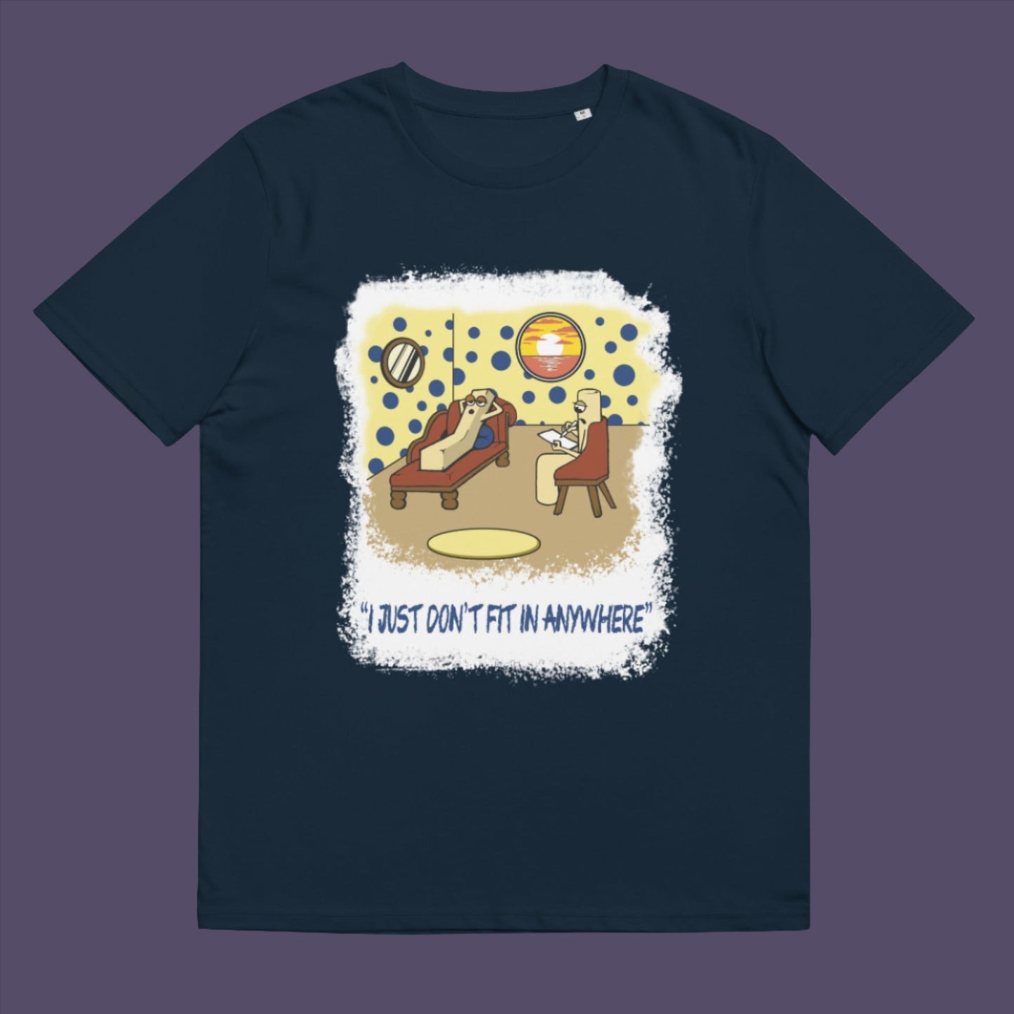 French navy t-shirt. A funny cartoon t-shirt for all you 'square pegs in round holes' out there. You are not alone. This unique design is ideal for anyone who thinks outside the box. Made from 100% organic ring-spun cotton, this witty cartoon t-shirt is unisex, high-quality, super comfy, and best of all, eco-friendly.