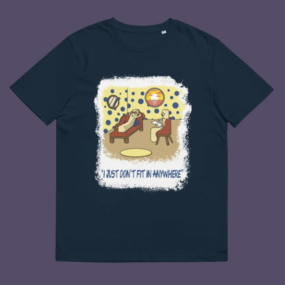 French navy t-shirt. A funny cartoon t-shirt for all you 'square pegs in round holes' out there. You are not alone. This unique design is ideal for anyone who thinks outside the box. Made from 100% organic ring-spun cotton, this witty cartoon t-shirt is unisex, high-quality, super comfy, and best of all, eco-friendly.