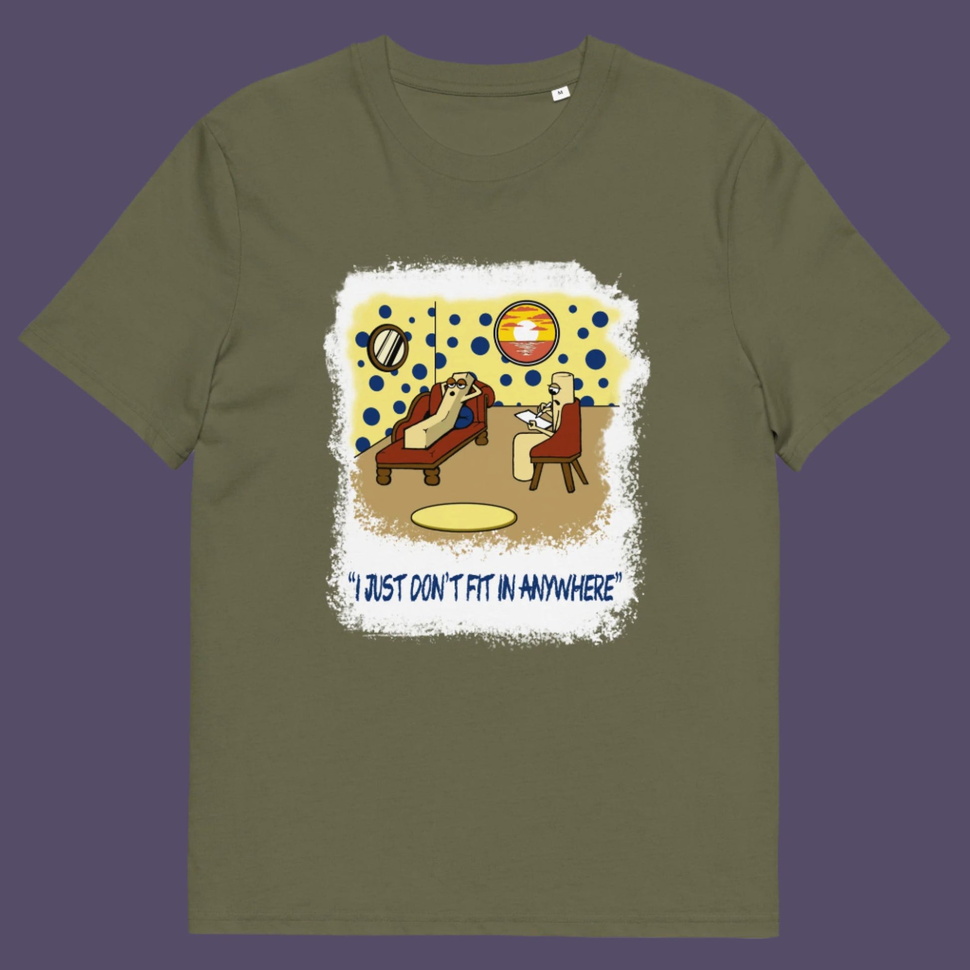 Khaki t-shirt. A funny cartoon t-shirt for all you 'square pegs in round holes' out there. You are not alone. This unique design is ideal for anyone who thinks outside the box. Made from 100% organic ring-spun cotton, this witty cartoon t-shirt is unisex, high-quality, super comfy, and best of all, eco-friendly.