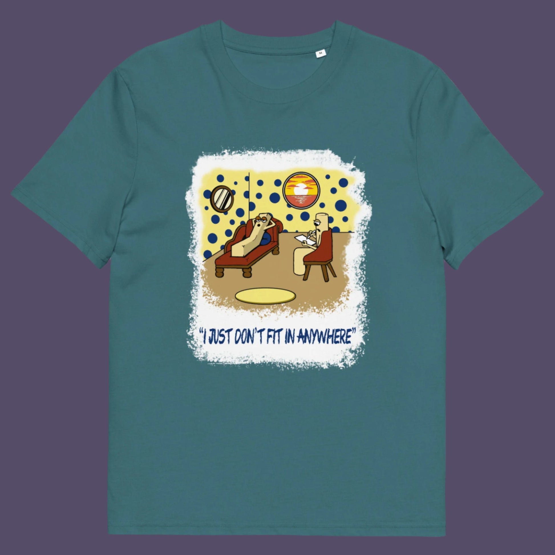 Stargazer t-shirt. A funny cartoon t-shirt for all you 'square pegs in round holes' out there. You are not alone. This unique design is ideal for anyone who thinks outside the box. Made from 100% organic ring-spun cotton, this witty cartoon t-shirt is unisex, high-quality, super comfy, and best of all, eco-friendly.