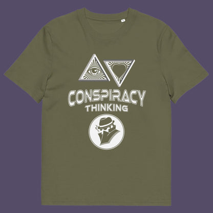 Khaki t-shirt. A cryptic conspiracy theory t-shirt design for all of those conspiracy theory lovers out there who know it's more than a theory, it's a way of life. From Alien advocates or bigfoot believers to Cabal conspiracy theorists, an original design for all. Made from 100% organic ring-spun cotton, this conspiracy theory t-shirt is unisex, high-quality, super comfy, and best of all, eco-friendly.