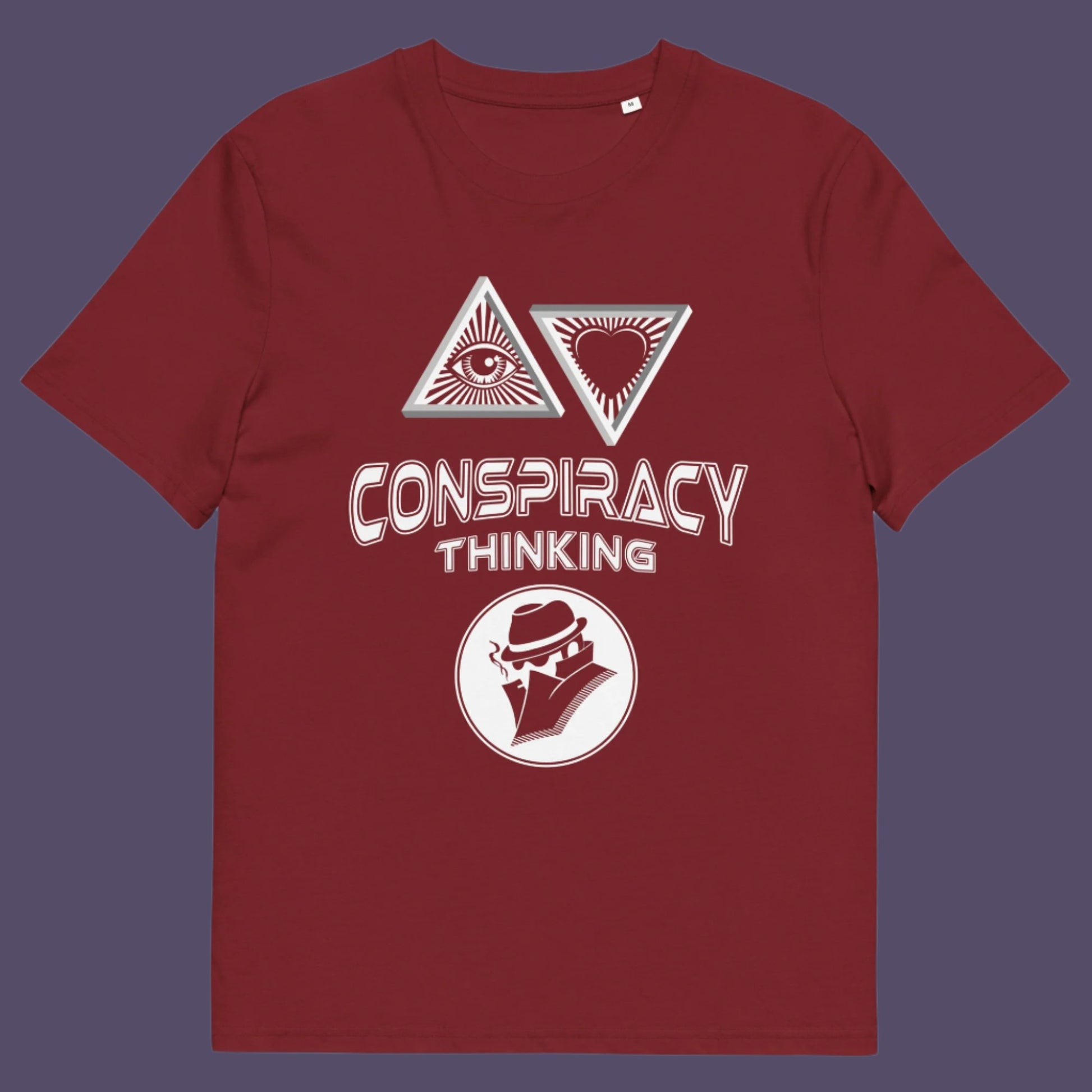 Burgundy t-shirt. A cryptic conspiracy theory t-shirt design for all of those conspiracy theory lovers out there who know it's more than a theory, it's a way of life. From Alien advocates or bigfoot believers to Cabal conspiracy theorists, an original design for all. Made from 100% organic ring-spun cotton, this conspiracy theory t-shirt is unisex, high-quality, super comfy, and best of all, eco-friendly.