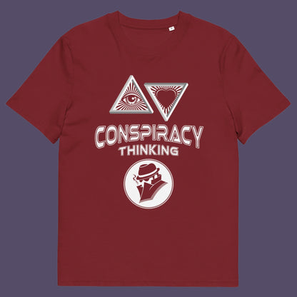 Burgundy t-shirt. A cryptic conspiracy theory t-shirt design for all of those conspiracy theory lovers out there who know it's more than a theory, it's a way of life. From Alien advocates or bigfoot believers to Cabal conspiracy theorists, an original design for all. Made from 100% organic ring-spun cotton, this conspiracy theory t-shirt is unisex, high-quality, super comfy, and best of all, eco-friendly.