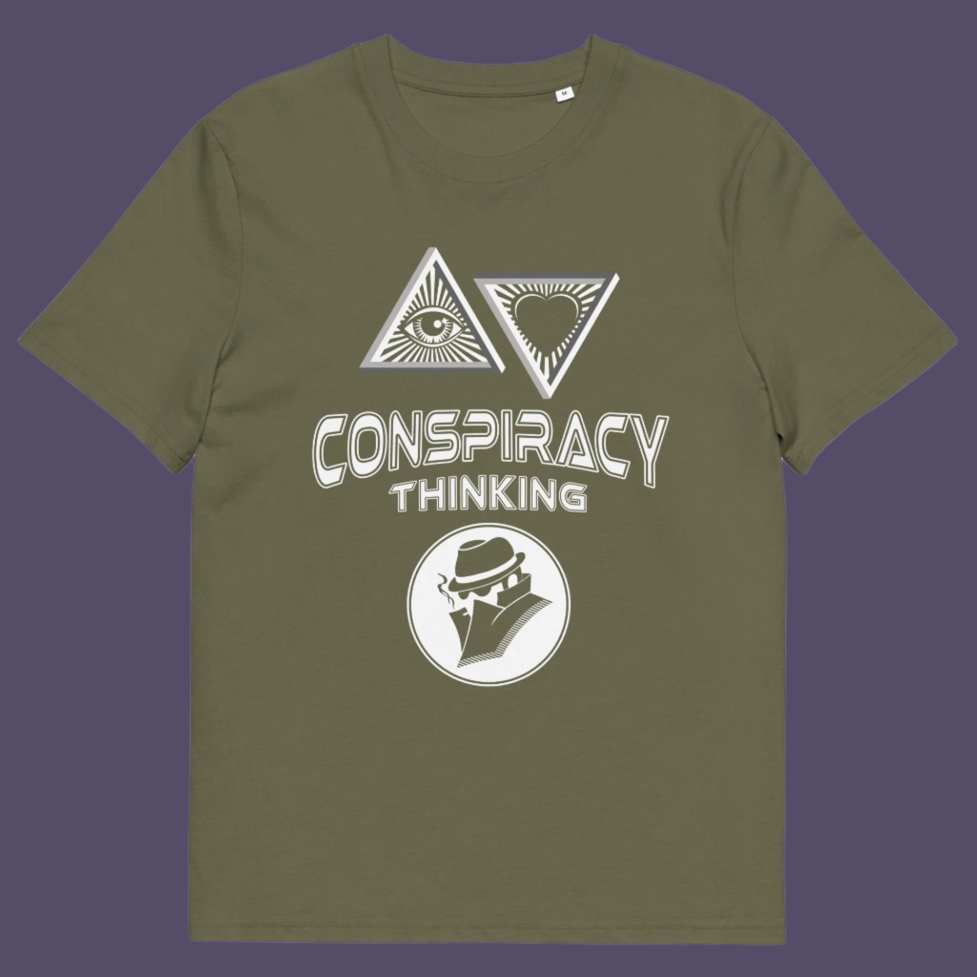 Khaki t-shirt. A cryptic conspiracy theory t-shirt design for all of those conspiracy theory lovers out there who know it's more than a theory, it's a way of life. From Alien advocates or bigfoot believers to Cabal conspiracy theorists, an original design for all. Made from 100% organic ring-spun cotton, this conspiracy theory t-shirt is unisex, high-quality, super comfy, and best of all, eco-friendly.