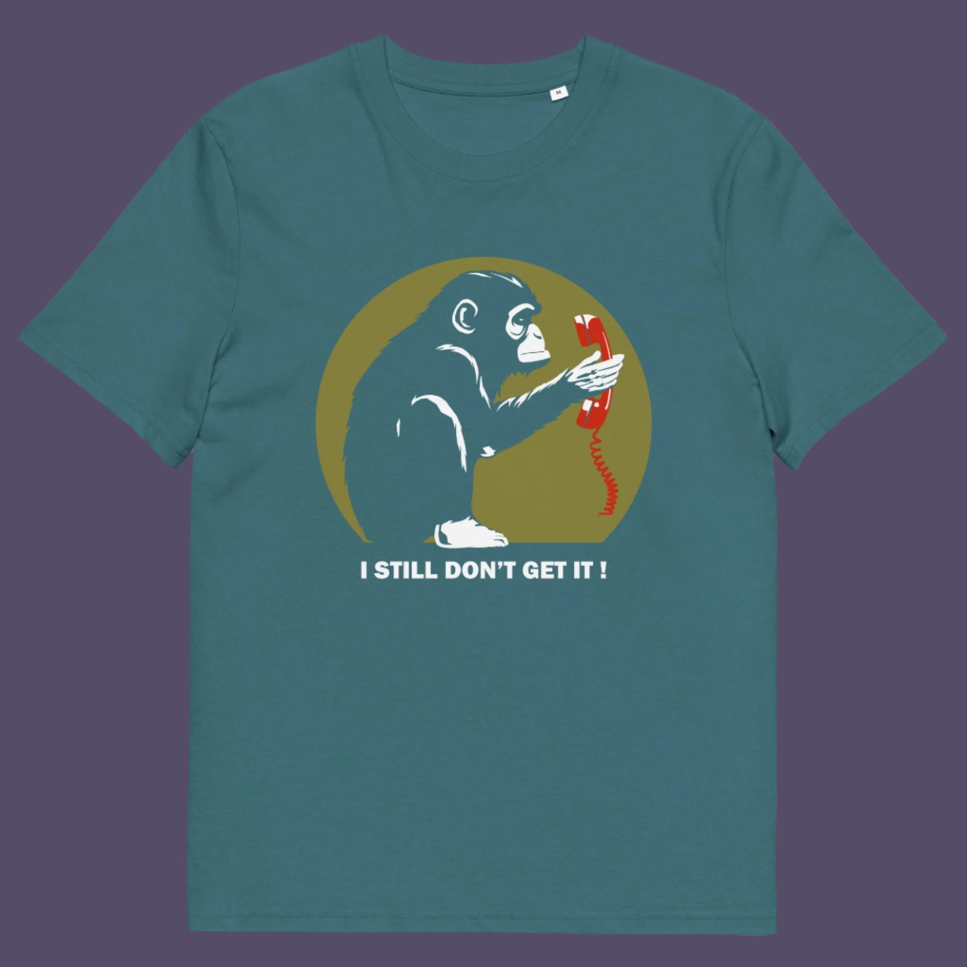 Stargazer t-shirt. This anti smart phone abuse t-shirt design highlights the human obsession with smart phones and how strange it must look to an ape. An outsiders view of a world glued to mobile phones. Made from 100% organic ring-spun cotton, this anti mobile phone abuse t-shirt is unisex, high-quality, super comfy, and best of all, eco-friendly.