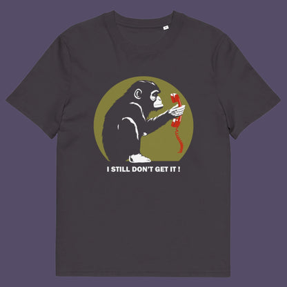 Anthracite t-shirt. This satirical Banksy style stencil art t-shirt design highlights the human obsession with smart phones and how strange it must look to an ape. An outsiders view of a world glued to mobile phones. Made from 100% organic ring-spun cotton, this street art social awareness t-shirt is unisex, high-quality, super comfy, and best of all, eco-friendly.