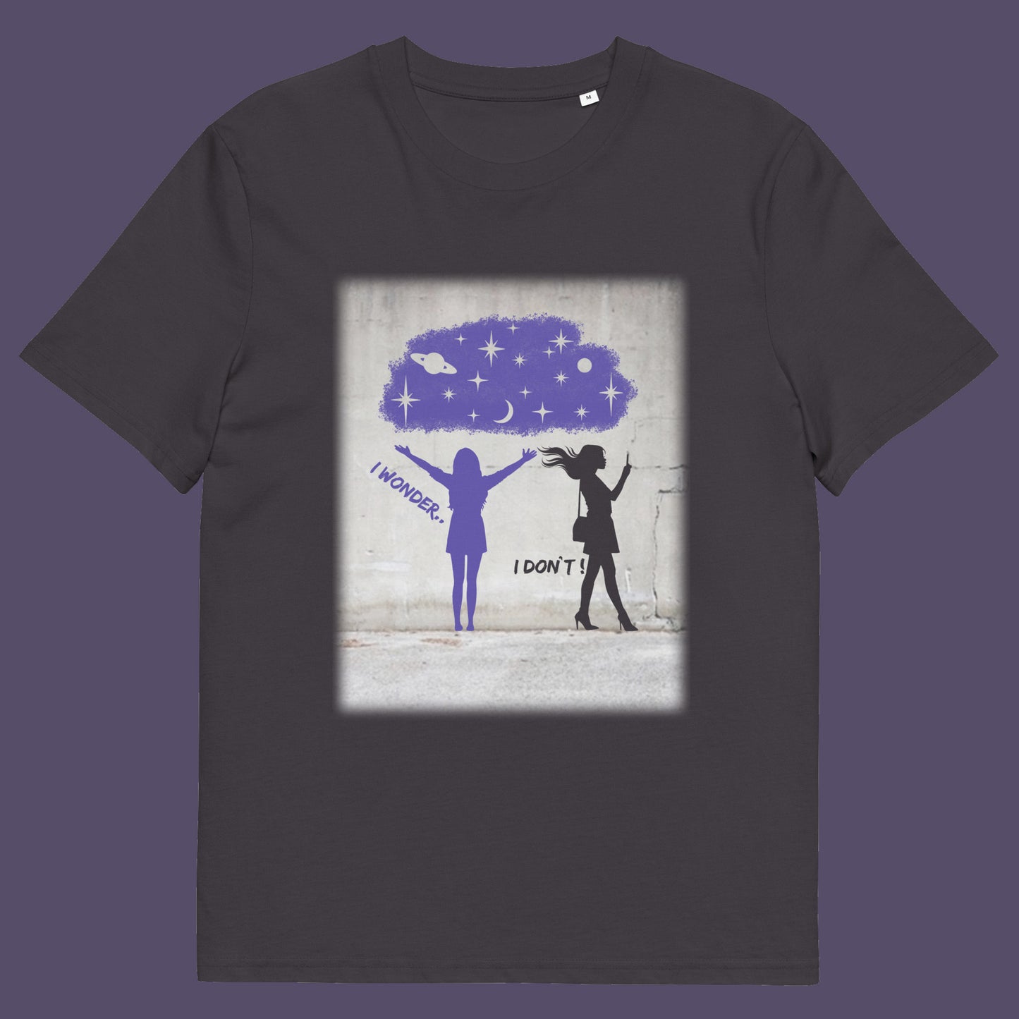 Anthracite t shirt. This anti mobile phone abuse t shirt light heartedly pokes fun at people who never look up from their phone. If you believe letting a machine do most of your thinking for you will dull your imagination, this satirical design is for you. Made from 100% organic ring-spun cotton, these anti mobile phone abuse t shirts are unisex, high quality, super comfy, and best of all, eco-friendly.