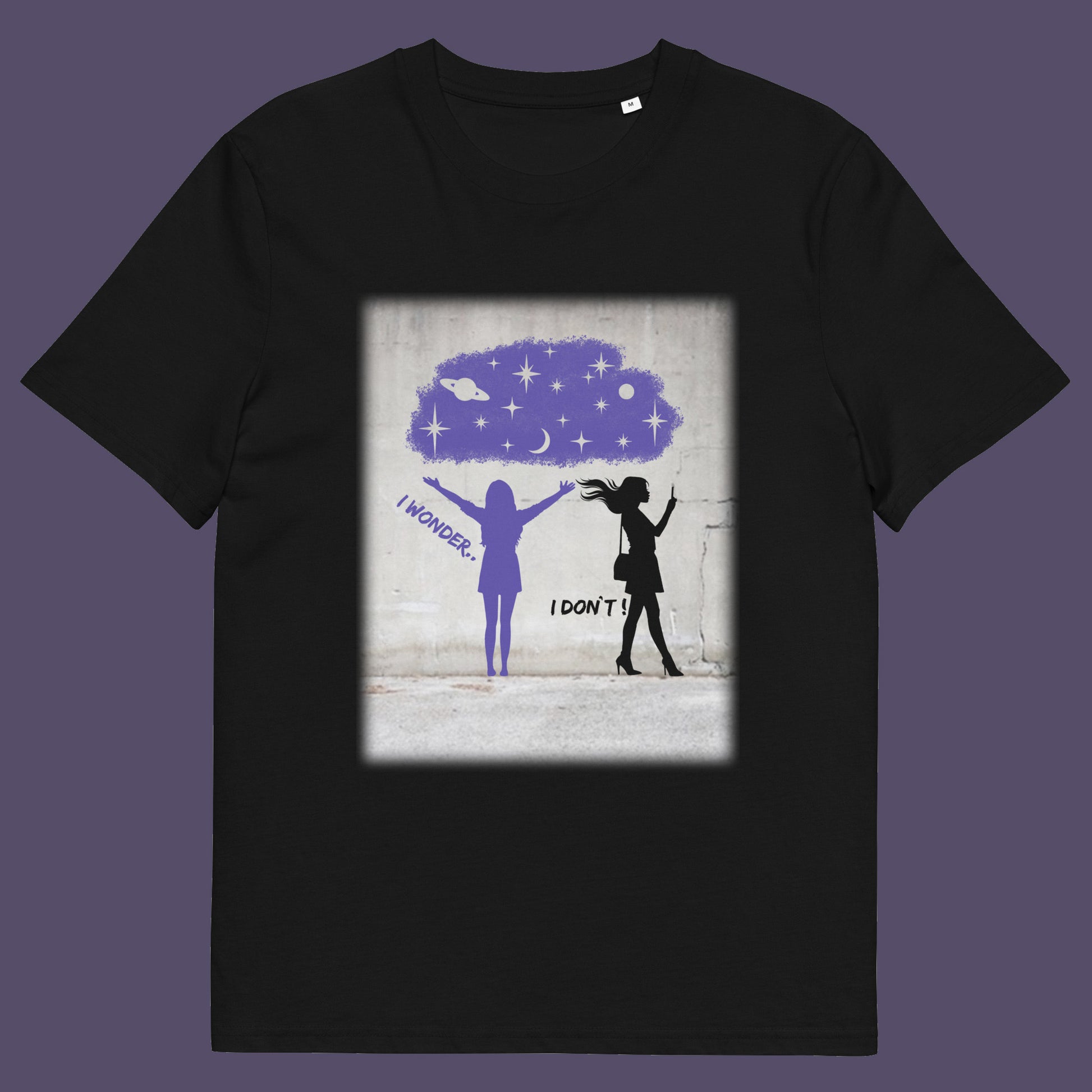 Black t shirt. This anti mobile phone abuse t shirt light heartedly pokes fun at people who never look up from their phone. If you believe letting a machine do most of your thinking for you will dull your imagination, this satirical design is for you. Made from 100% organic ring-spun cotton, these anti mobile phone abuse t shirts are unisex, high quality, super comfy, and best of all, eco-friendly.