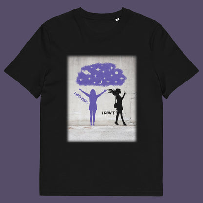 Black t shirt. This anti mobile phone abuse t shirt light heartedly pokes fun at people who never look up from their phone. If you believe letting a machine do most of your thinking for you will dull your imagination, this satirical design is for you. Made from 100% organic ring-spun cotton, these anti mobile phone abuse t shirts are unisex, high quality, super comfy, and best of all, eco-friendly.