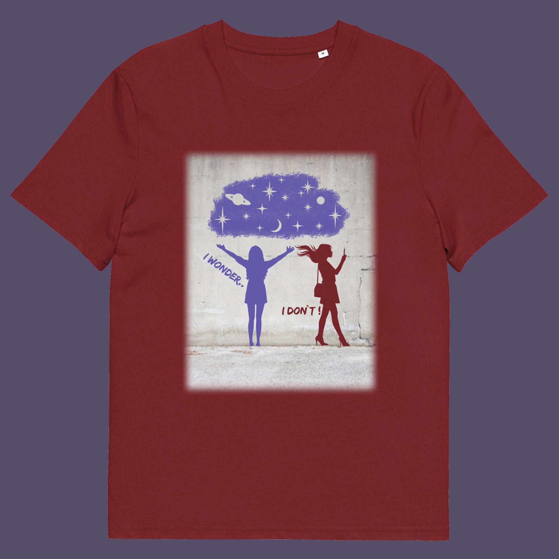 Burgundy t shirt. This anti mobile phone abuse t shirt light heartedly pokes fun at people who never look up from their phone. If you believe letting a machine do most of your thinking for you will dull your imagination, this satirical design is for you. Made from 100% organic ring-spun cotton, these anti mobile phone abuse t shirts are unisex, high quality, super comfy, and best of all, eco-friendly.