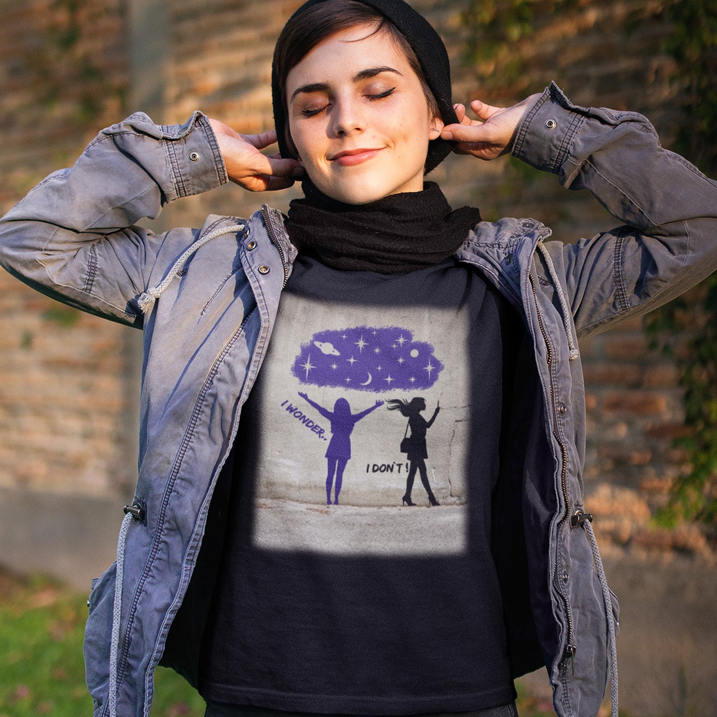 Person wearing a black t-shirt with a graphic design outdoors. This anti mobile phone abuse t shirt light heartedly pokes fun at people who never look up from their phone. If you believe letting a machine do most of your thinking for you will dull your imagination, this satirical design is for you. Made from 100% organic ring-spun cotton, these anti mobile phone abuse t shirts are unisex, high quality, super comfy, and best of all, eco-friendly.