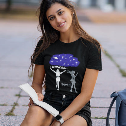 Woman wearing a black t-shirt with a graphic design, sitting outdoors. This anti mobile phone abuse t shirt light heartedly pokes fun at people who never look up from their phone. If you believe letting a machine do most of your thinking for you will dull your imagination, this satirical design is for you. Made from 100% organic ring-spun cotton, these anti mobile phone abuse t shirts are unisex, high quality, super comfy, and best of all, eco-friendly.