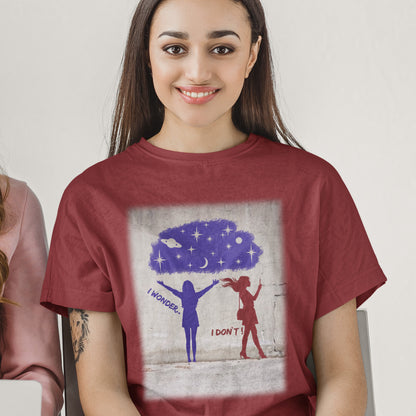 Woman wearing a burgundy t-shirt with a graphic design of two people and a cloud. This anti mobile phone abuse t shirt light heartedly pokes fun at people who never look up from their phone. If you believe letting a machine do most of your thinking for you will dull your imagination, this satirical design is for you. Made from 100% organic ring-spun cotton, these anti mobile phone abuse t shirts are unisex, high quality, super comfy, and best of all, eco-friendly.