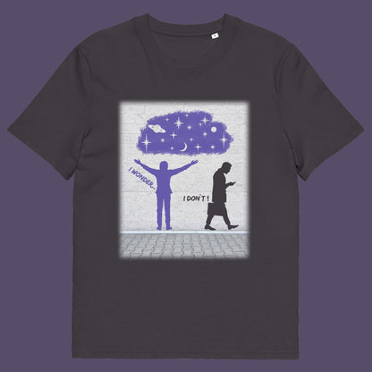 Anthracite t shirt. This anti mobile phone abuse t shirt light heartedly pokes fun at people who never look up from their phone. If you believe letting a machine do most of your thinking for you will dull your imagination, this satirical design is for you. Made from 100% organic ring-spun cotton, these anti mobile phone abuse t shirts are unisex, high quality, super comfy, and best of all, eco-friendly.