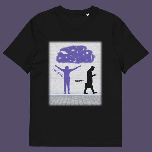 Black t shirt. This anti mobile phone abuse t shirt light heartedly pokes fun at people who never look up from their phone. If you believe letting a machine do most of your thinking for you will dull your imagination, this satirical design is for you. Made from 100% organic ring-spun cotton, these anti mobile phone abuse t shirts are unisex, high quality, super comfy, and best of all, eco-friendly.