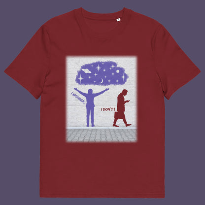 Burgundy t shirt. This anti mobile phone abuse t shirt light heartedly pokes fun at people who never look up from their phone. If you believe letting a machine do most of your thinking for you will dull your imagination, this satirical design is for you. Made from 100% organic ring-spun cotton, these anti mobile phone abuse t shirts are unisex, high quality, super comfy, and best of all, eco-friendly.