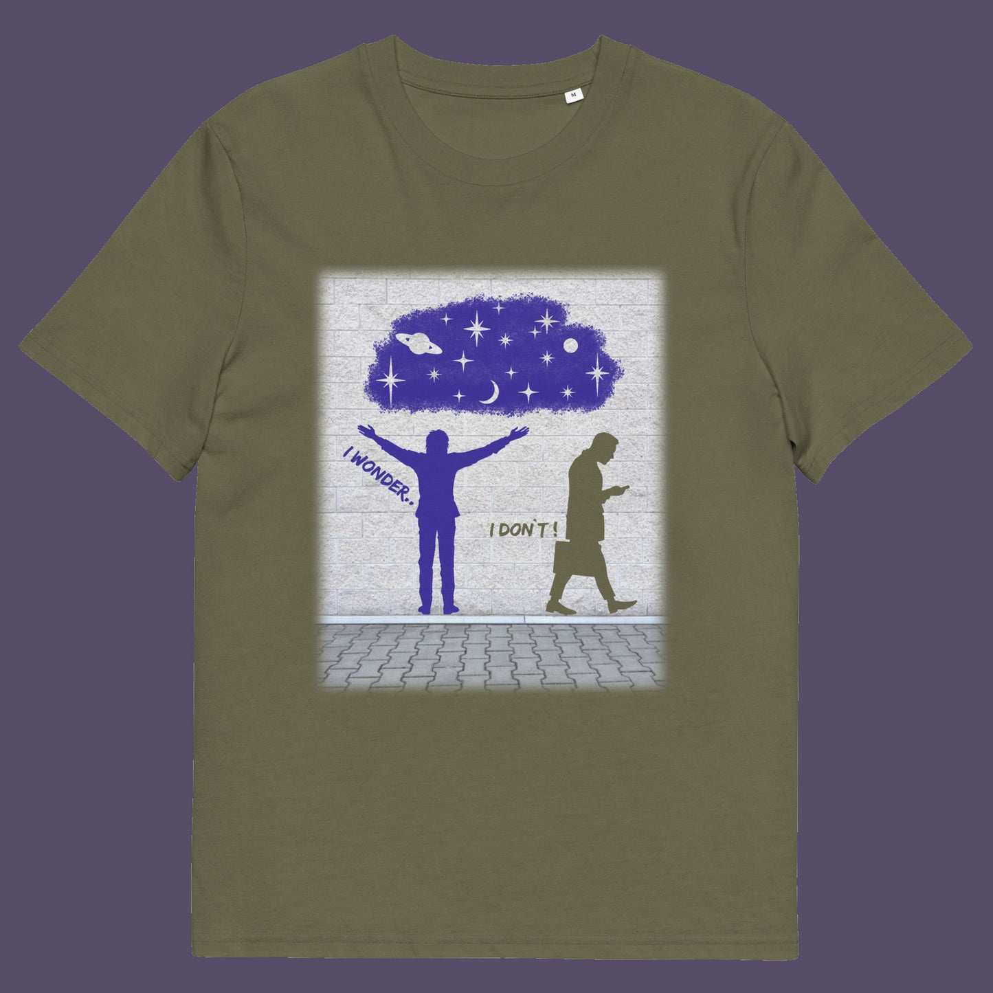 Khaki t shirt. This anti mobile phone abuse t shirt light heartedly pokes fun at people who never look up from their phone. If you believe letting a machine do most of your thinking for you will dull your imagination, this satirical design is for you. Made from 100% organic ring-spun cotton, these anti mobile phone abuse t shirts are unisex, high quality, super comfy, and best of all, eco-friendly.