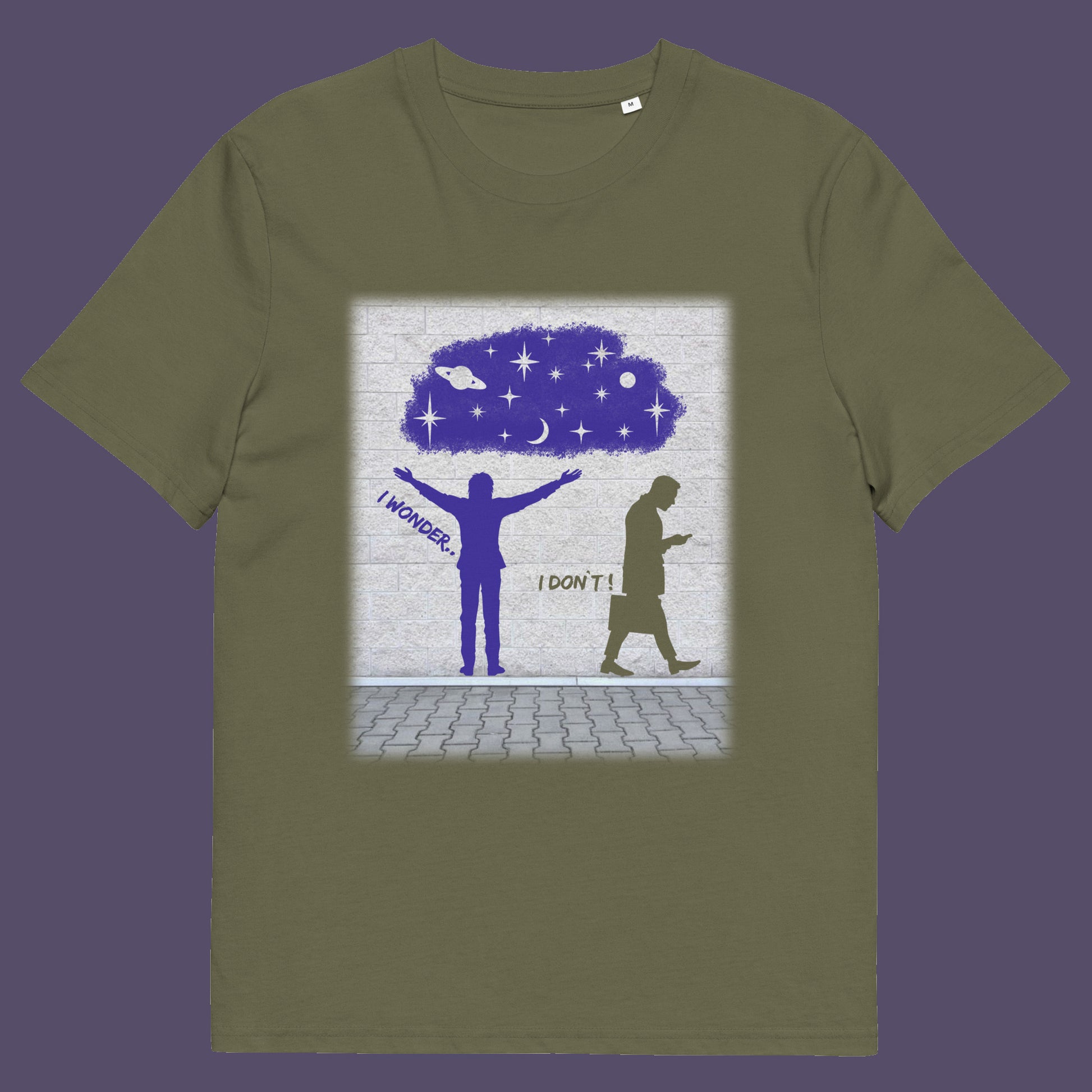 Khaki t shirt. This anti mobile phone abuse t shirt light heartedly pokes fun at people who never look up from their phone. If you believe letting a machine do most of your thinking for you will dull your imagination, this satirical design is for you. Made from 100% organic ring-spun cotton, these anti mobile phone abuse t shirts are unisex, high quality, super comfy, and best of all, eco-friendly.