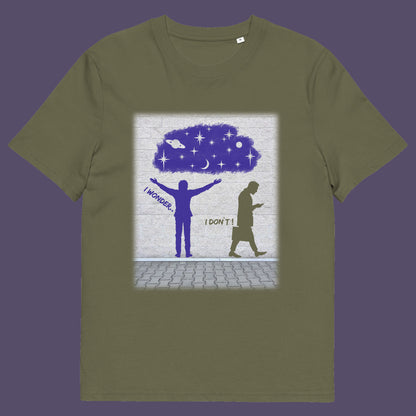 Khaki t shirt. This anti mobile phone abuse t shirt light heartedly pokes fun at people who never look up from their phone. If you believe letting a machine do most of your thinking for you will dull your imagination, this satirical design is for you. Made from 100% organic ring-spun cotton, these anti mobile phone abuse t shirts are unisex, high quality, super comfy, and best of all, eco-friendly.