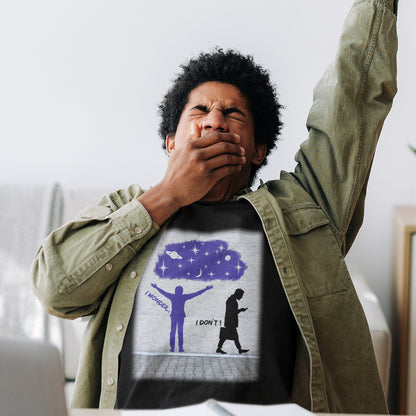 Person wearing a t-shirt with a graphic design, sitting indoors. This anti mobile phone abuse t shirt light heartedly pokes fun at people who never look up from their phone. If you believe letting a machine do most of your thinking for you will dull your imagination, this satirical design is for you. Made from 100% organic ring-spun cotton, these anti mobile phone abuse t shirts are unisex, high quality, super comfy, and best of all, eco-friendly.