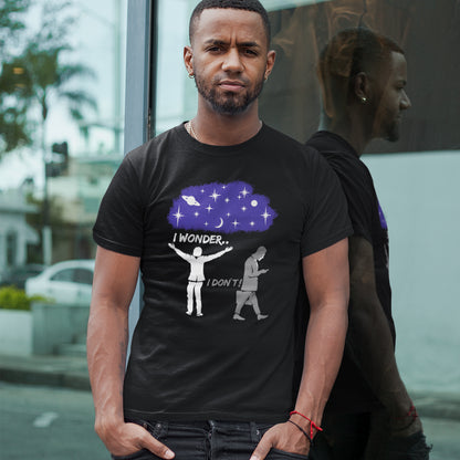 Man wearing a black t-shirt with a graphic design outdoors. This anti mobile phone abuse t shirt light heartedly pokes fun at people who never look up from their phone. If you believe letting a machine do most of your thinking for you will dull your imagination, this satirical design is for you. Made from 100% organic ring-spun cotton, these anti mobile phone abuse t shirts are unisex, high quality, super comfy, and best of all, eco-friendly.